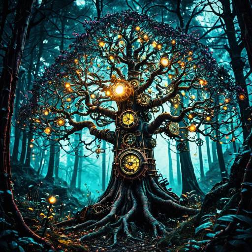 Intricate Steampunk Tree in Enchanted Forest Intricate Steampunk Tree in Enchanted Forest