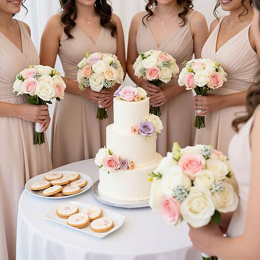 Photograph of four bridesmaids in beige dresses, holding pink and white bouquets, standing around a white-tiered wedding cake with floral decorations and a