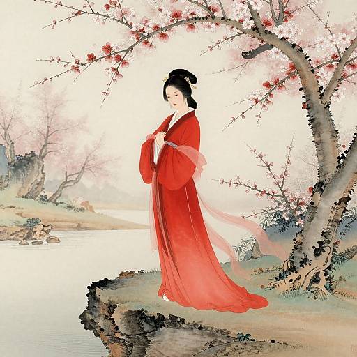 Digital painting of a serene East Asian woman in a red kimono, standing under cherry blossoms beside a tranquil pond.
