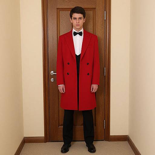 Photograph of a young man with dark hair, wearing a red double-breasted coat, black bow tie, white shirt, and black pants, standing