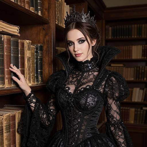 Photograph of a pale-skinned woman with dark hair, wearing a black lace corset dress, crown, and dramatic makeup, standing in a wooden