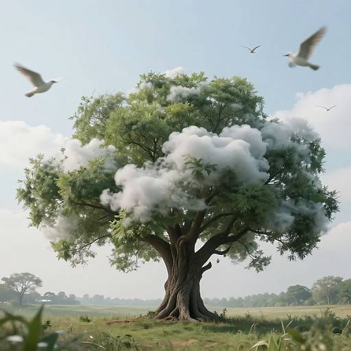 Photograph of a large, green-leaved tree with white mist-like clouds in its branches, set in a grassy field with birds flying in the