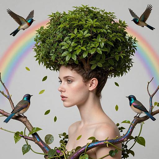 Digital artwork of a pale-skinned, androgynous person with short brown hair, topped by a lush green tree, surrounded by blue and green