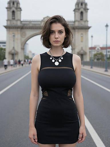 Photograph of a serious, short-haired brunette woman in a black, sleeveless dress with mesh sides, standing in front of a blurred, ornate