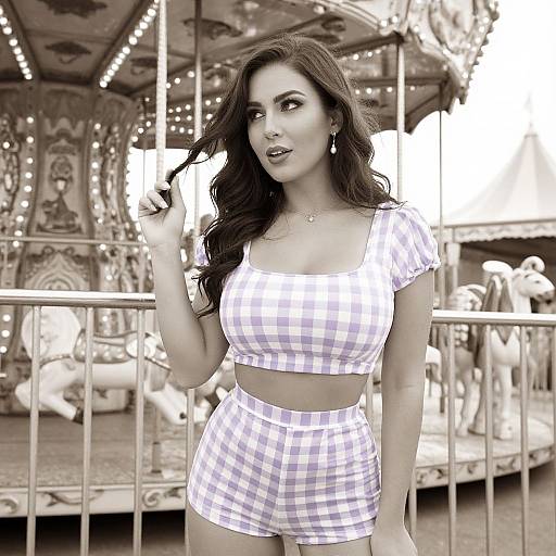 Photograph of a curvy woman with long dark hair, wearing a white and blue checkered crop top and shorts, standing in front of an orn