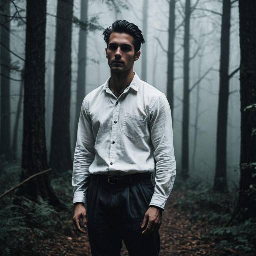 Man in White Shirt Standing in Foggy Forest