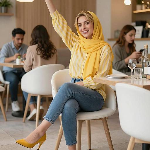 Smiling Woman in Yellow Hijab Café