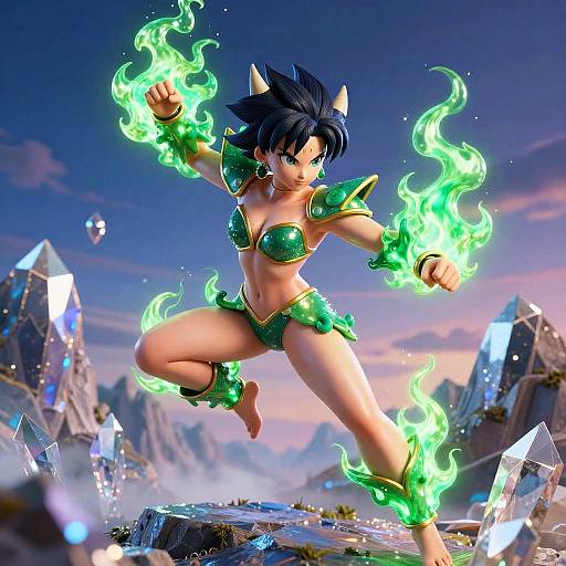 Digital CGI of a fierce, dark-haired female warrior with cat ears, green flame aura, and matching armor, leaping amid glowing crystals.