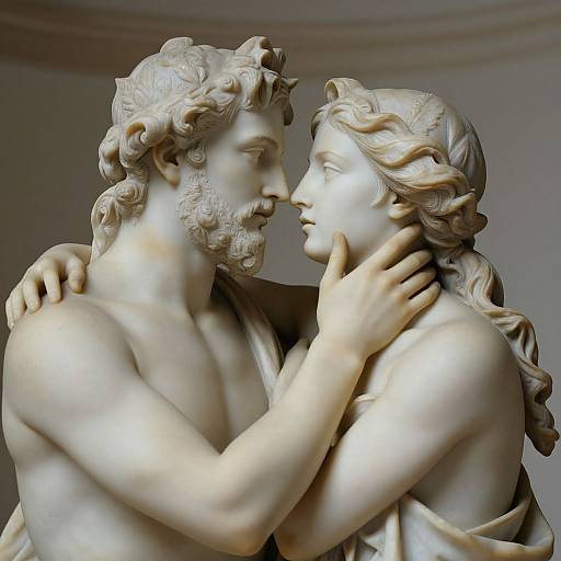 Photograph of a classical marble statue depicting a romantic, intimate embrace between a bearded male and a female with flowing hair, their faces close and hands