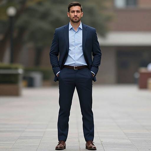 Photograph of a handsome, bearded man in a dark navy suit, light blue shirt, brown belt, and brown shoes, standing confidently with hands