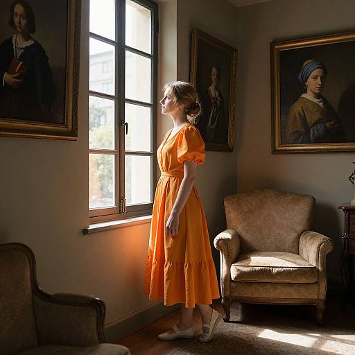 Sunlit Room with Woman in Orange Dress