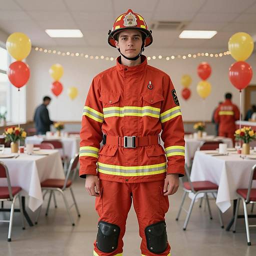 Young Firefighter in Uniform at Indoor Event