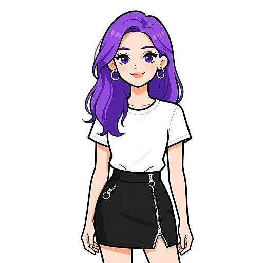 Digital anime-style drawing of a smiling woman with vibrant purple hair, wearing a white t-shirt, black high-waisted skirt with chain details, and