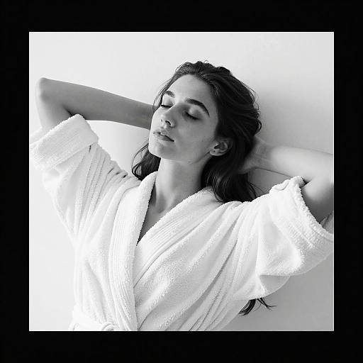 Black-and-white photograph of a woman with closed eyes, wearing a textured white bathrobe, arms raised, lying against a white wall.
