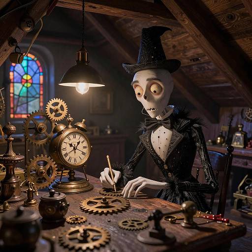 CGI image of a skeletal figure in a black top hat and tuxedo, tinkering with clockwork gears and watches under a hanging lamp in