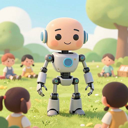 CGI image of a cute, bald, smiling robot with black eyes, standing in a sunny, grassy park, surrounded by children.