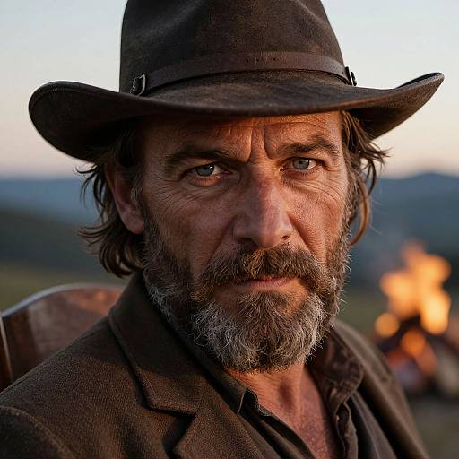 Close-up photograph of a rugged, middle-aged man with a gray beard, wearing a brown hat and jacket, gazing intensely at the camera with a