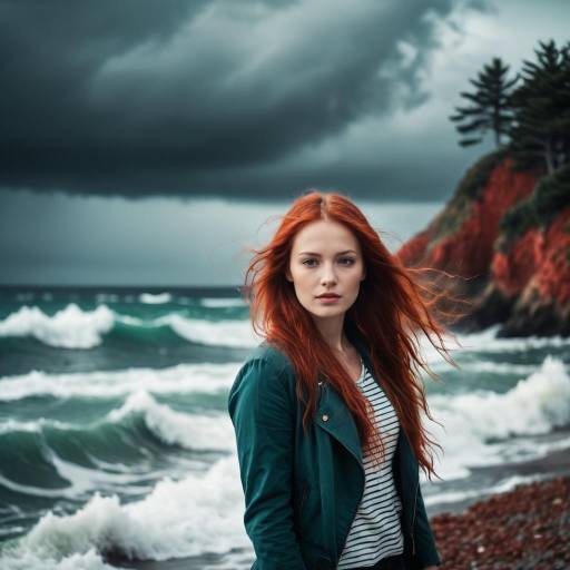 Red-haired woman by stormy sea