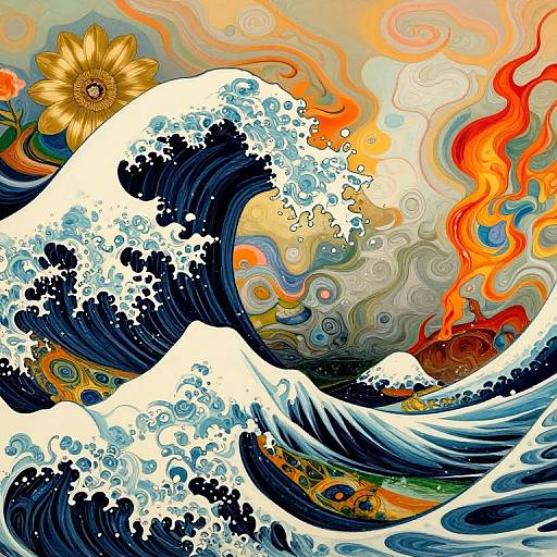 Vibrant digital art of a wave crashing with a golden sunflower and fiery swirls in the background, blending Hokusai's style.