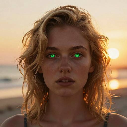 Photograph of a young woman with tousled blonde hair, green glowing eyes, and freckled face, standing on a beach at sunset.