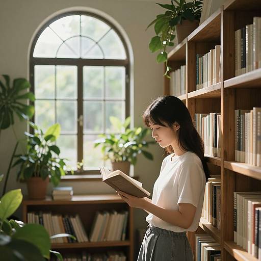 Photograph of a young Asian woman with long black hair, wearing a white blouse and gray high-waisted pants, reading a book in a sun