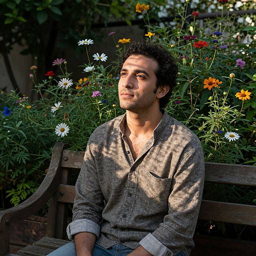 Photograph of a dark-haired man with light olive skin, wearing a gray herringbone shirt, sitting on a wooden bench, surrounded by colorful wild