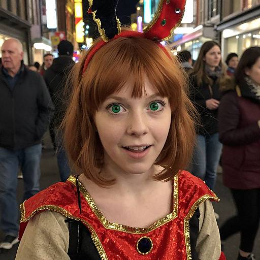 Photograph of a young woman with red hair, green eyes, and a red, gold-trimmed Renaissance costume, standing in a brightly lit,