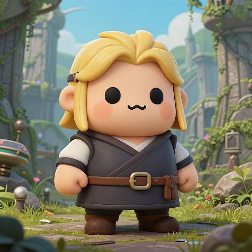 Chibi-style digital drawing of a cute, chubby blonde-haired character with a black outfit, brown belt, and simple black eyes in a lush, fantasy