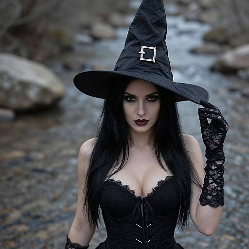 Photograph of a pale, dark-haired woman in a black witch costume with lace gloves, dark lipstick, and a pointed hat, standing by a rocky