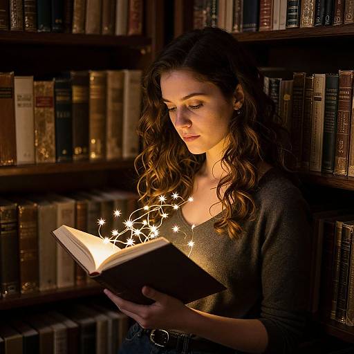 Photograph of a young woman with wavy brown hair, wearing a dark sweater, reading an enchanted book with glowing starlight. She stands in a