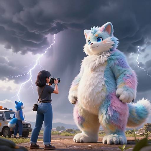 Photorealistic CGI: Woman in jeans and black top photographs giant, rainbow-furred, blue-eyed, white-furred fox amidst lightning storm, blue