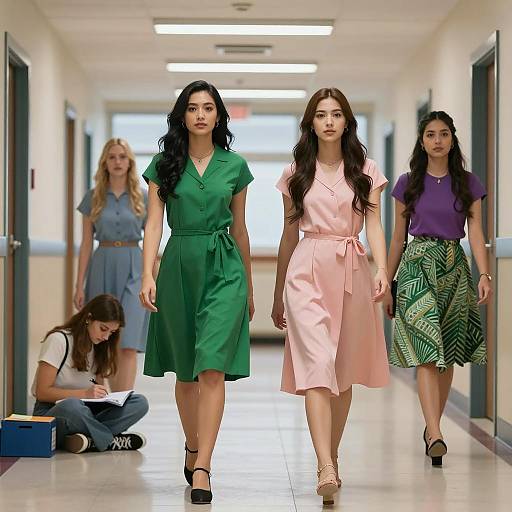 Dynamic Scene of Five Women in Hallway
