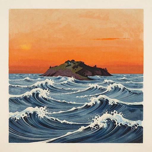 Surreal Island with Icy Waves at Twilight