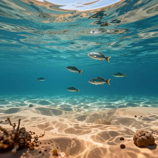 Photograph of underwater scene: blue fish swimming above sunlit, sandy ocean floor with coral, seaweed, and rippling water surface.