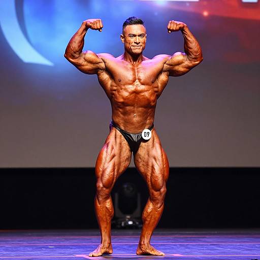 Photograph of a muscular, tan-skinned male bodybuilder with short black hair, flexing both biceps, wearing black briefs with a white