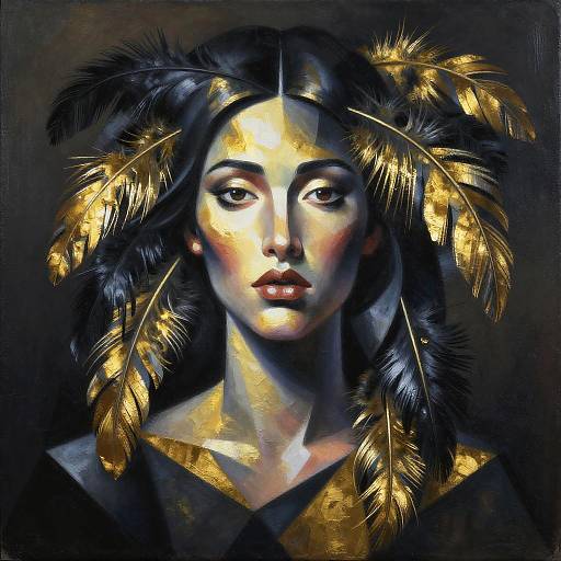 Cubist Woman with Metallic Feathers