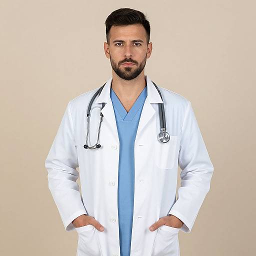 Photograph of a serious, bearded male doctor with dark hair, wearing a white lab coat over blue scrubs, stethoscope around neck,