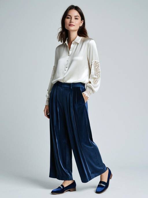 Woman in Silk Shirt and Velvet Trousers