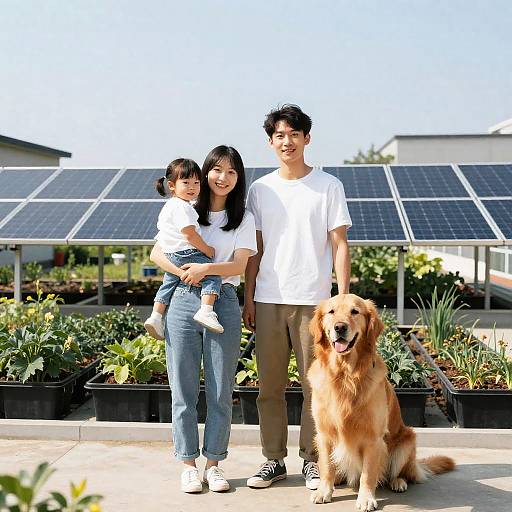 Young Family with Toddler and Dog at Rooftop Farm with Solar Panels