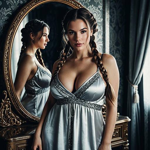 Woman in Silver Satin Nightgown by Ornate Mirror