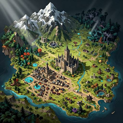 Fantasy island map: vibrant green landscape with towering mountains, glowing blue lakes, medieval castle, colorful forests, and winding rivers, illuminated by sunlight.