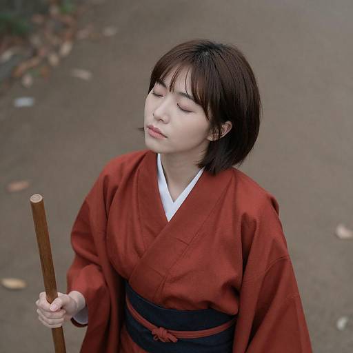 Serene Asian Woman in Red Kimono