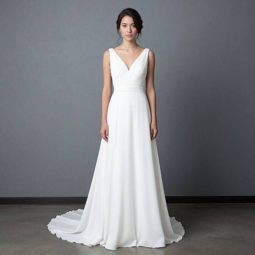 Photograph of a young woman with dark hair in a loose updo, wearing a sleeveless, V-neck, white wedding dress with a flowing skirt