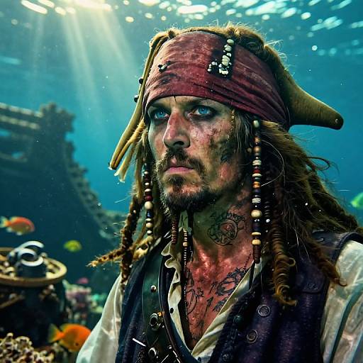 Photograph of a gritty, sunken-eyed pirate with dreadlocks, bloodied face, red bandana, and intricate tattoos, underwater amidst coral and