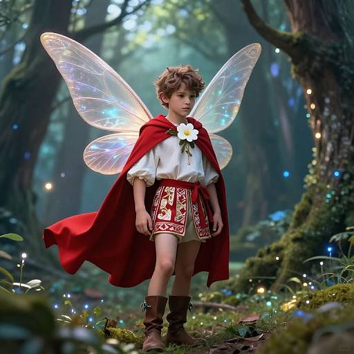 Photograph of a young boy with curly brown hair, wearing fairy wings, a red cape, white shirt, red patterned shorts, and brown boots
