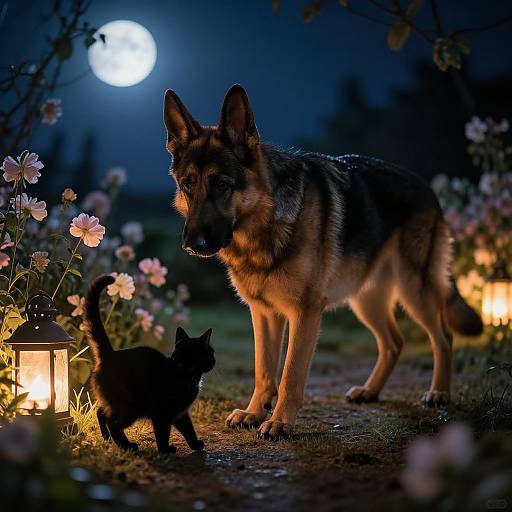 Photograph of a German Shepherd and black cat under a full moon, surrounded by glowing lanterns and pink flowers at night.