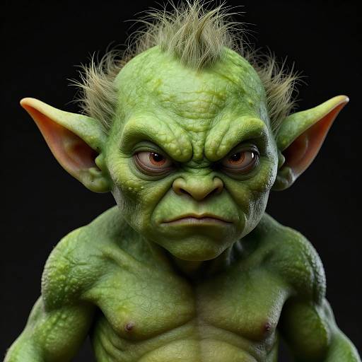 Photorealistic CGI of a green-skinned, muscular goblin with spiky hair, large ears, and angry eyes, set against a black background