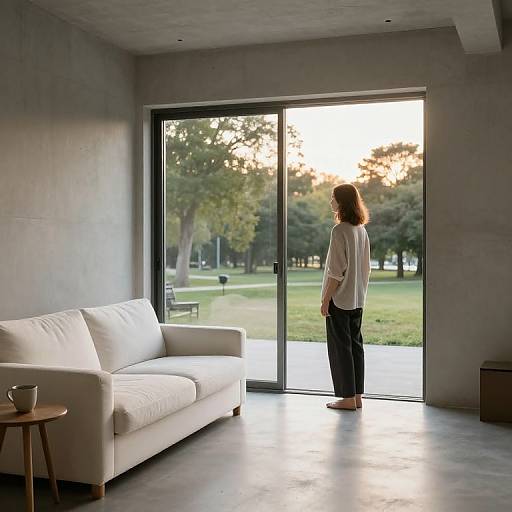 Photograph of a woman with curly brown hair, wearing a white long-sleeve shirt and black pants, standing barefoot by a large glass door