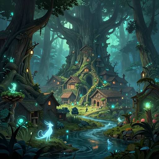Digital fantasy artwork of a magical forest village with glowing blue fireflies, fairy-lit wooden huts, and a large enchanted treehouse.