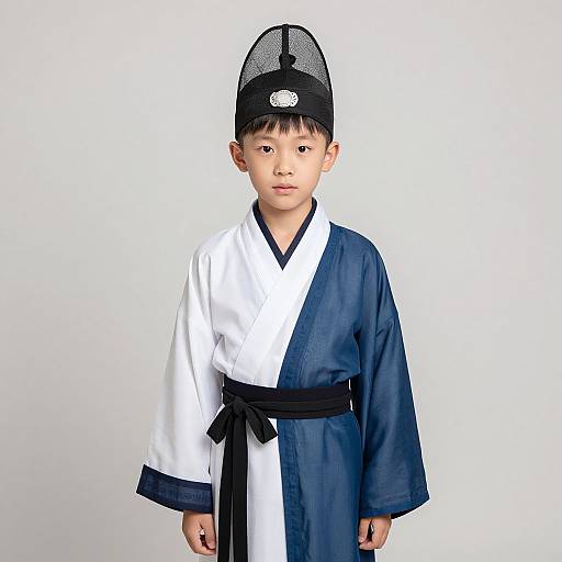 Photograph of an Asian young boy in a traditional Korean martial arts uniform, white and navy blue, black belt, and mesh hat, standing against a